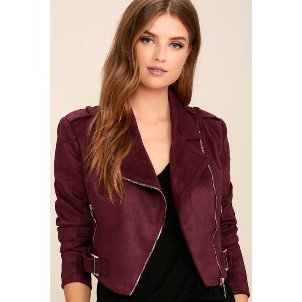 Lulus Tree-lined Road Burgundy Suede Moto Jacket Red - Size Medium